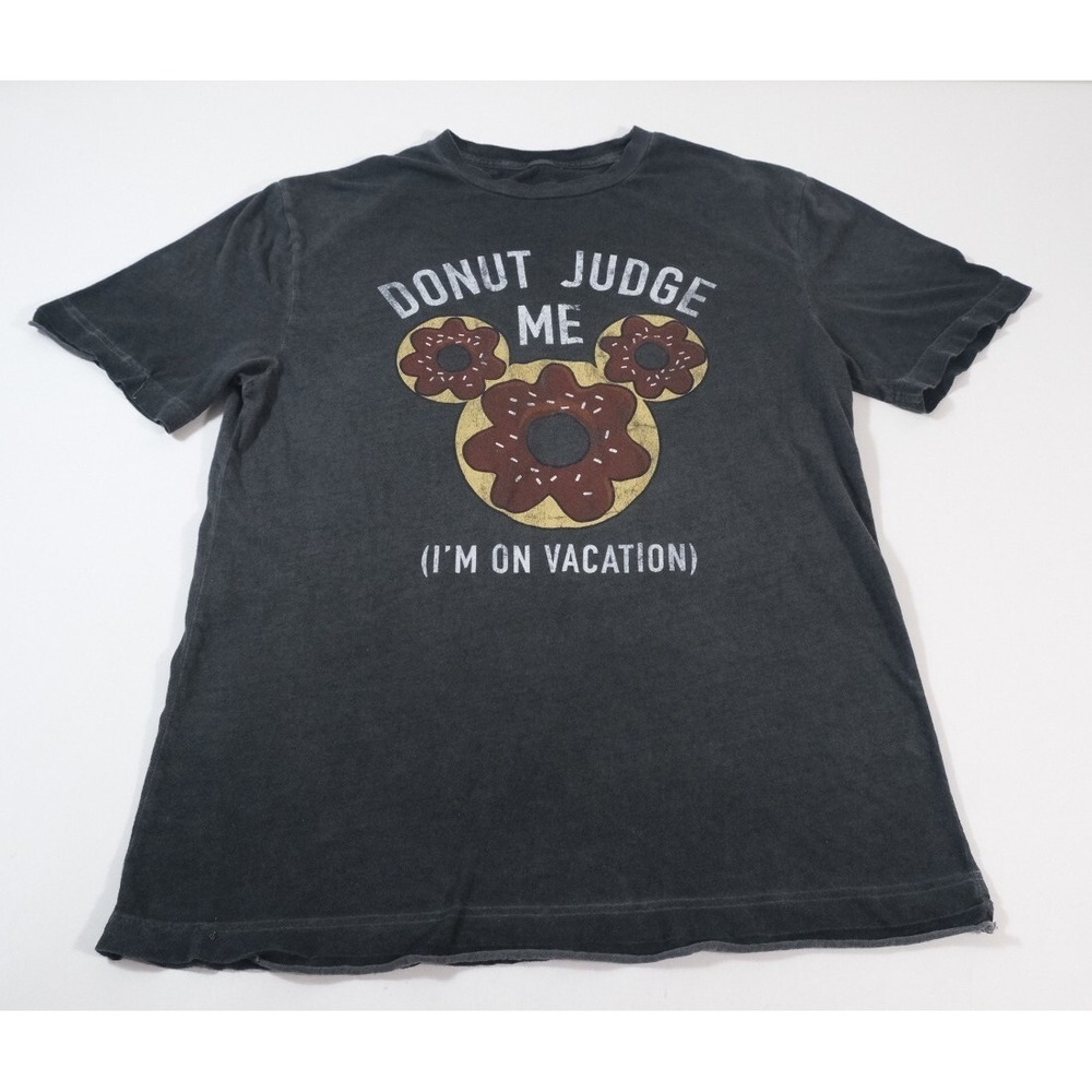 Disney Parks T-Shirt Mens S Black Donut Judge Me Mickey Mouse Graphic Raw Hem